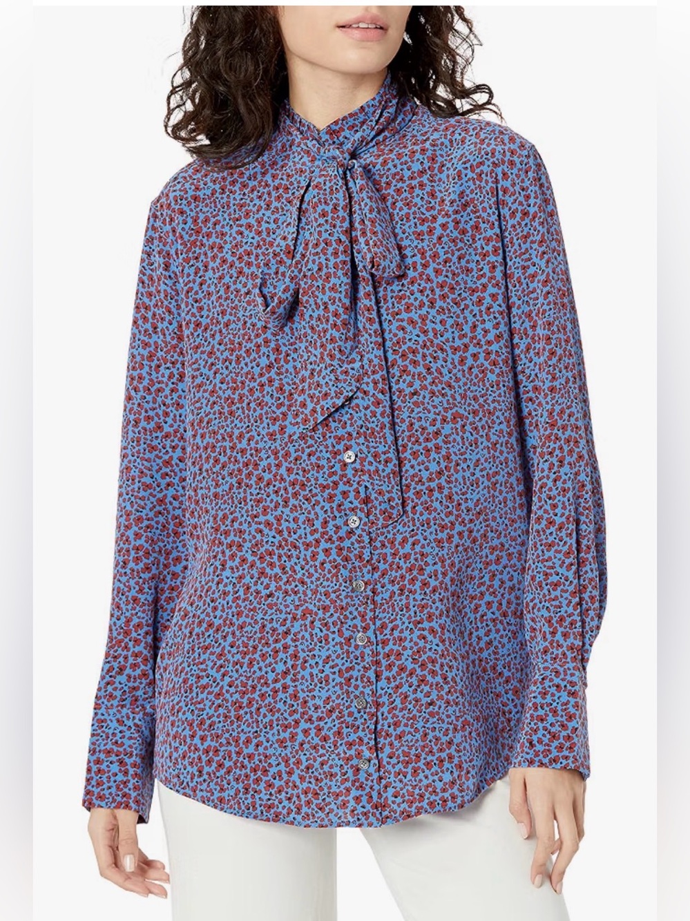 Equipment 100% Silk Floral Print Blue and Red Long Sleeve Button Up